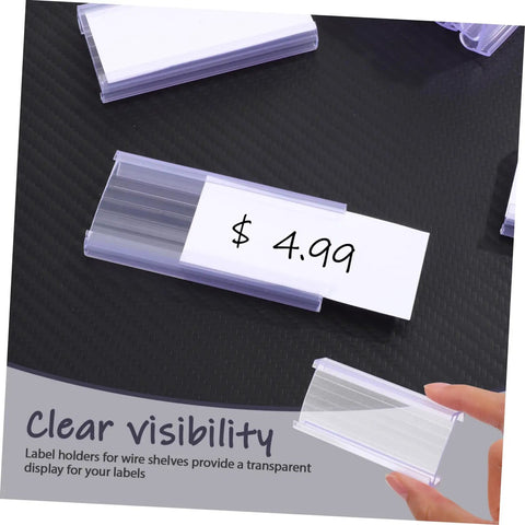 Heavy Duty PVC Wire Shelf Label Holders 30 Pack Clear Display Fronts on a black surface showing clear pricing displays.