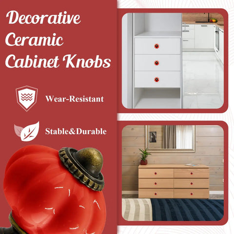 Set Of Eight Red Ceramic Pumpkin Knobs With Heavy Duty Zinc Base And Shiny Embossed Glaze For Vintage Cabinets And Kitchen Drawers, displayed on furniture.