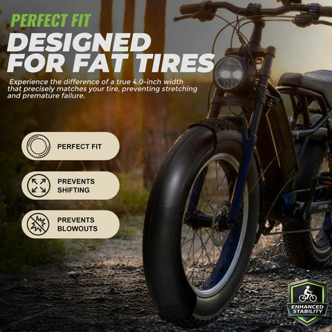 Beefed Up 16x4.0 Fat Bike Inner Tubes With Schrader Valve for Fat Bikes, shown on bike, enhanced stability features displayed.