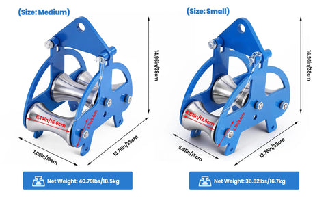 Heavy Duty Cable Puller Sheave For Smooth Wire And Cable Feeding, Industrial Steel Cable Pulley With 3 Solid Wheels illustrated in medium and small sizes, showcasing steel construction with dimensions and weight details.