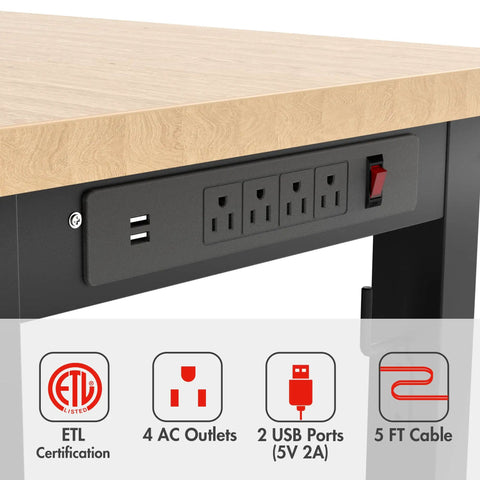 Rugged 48 Inch Adjustable Workbench Built Like A Tank With 2000 Lbs Load Capacity Hardwood Top and integrated power strip ports.