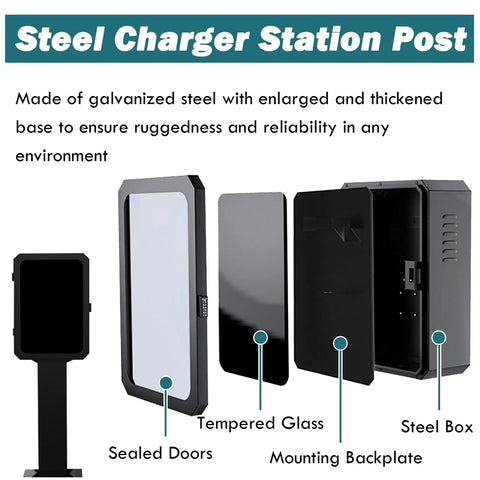 Steel Charger Station Post made of galvanized steel with sealed doors, tempered glass, and a sturdy base for Keep It Square Heavy Duty EV Charger Station Protector.