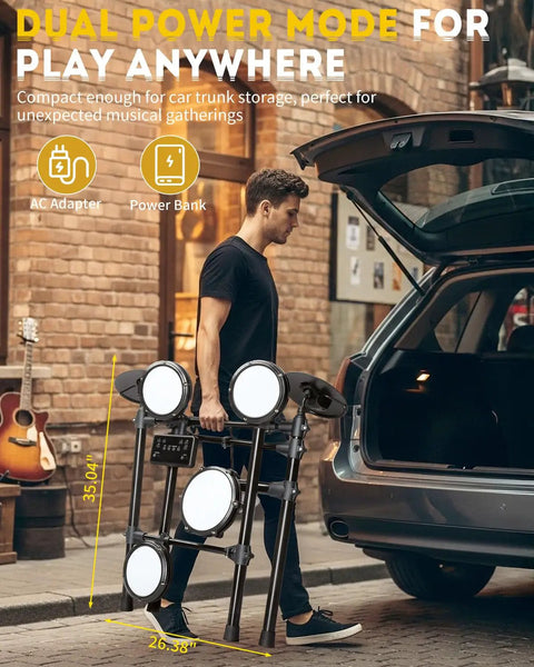 Man placing Kickass Electronic Drum Set With Dual Zone Triggering And Three Smart Coaching Modes in car trunk
