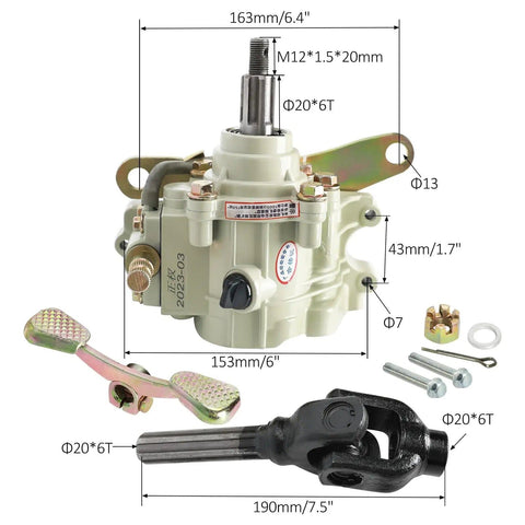 Beefy Reverse Transmission Gear Box With 720mm Drive Shaft And Differential Housing For 4WD Go Karts ATVs UTVs Quads Buggies And Golf Carts Fits 125cc Through 300cc Engines shown with components and dimensions.