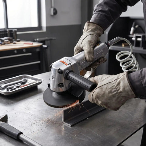 Heavy Duty Pneumatic Angle Grinder With Kickin Power And An Ergonomic Design For Swift Metal Cutting And Steady Performance On Demanding Job Sites Daily in action cutting metal with sparks flying.