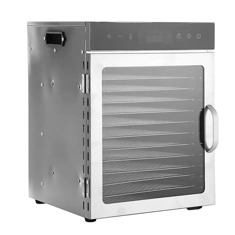 Pro Level Dual Fan Electric Food Dehydrator With Big Time 12 Stainless Steel Trays And 1000 Watt Heating side view, sleek stainless design.