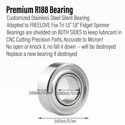Slick Top Shelf True Precision Custom R188 Steel Spinny Bearings Six Pack With Dustproof Sealed Caps Ultra Smooth Whisper Quiet Roll For Pro Metal Fidget Spinner Gear close-up of premium R188 stainless steel bearing.