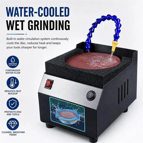 Versatile Wet Dry Bench Grinder And Powerful Electric Knife Sharpener With 7 Speed Settings For Metal Polishing And Tool Sharpening That Gets The Job Done Fast While Delivering A Slick Finish Every Single Time, featuring water-cooled system.