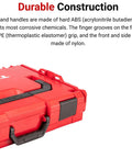 Red durable construction tool box with black handle, part of the Six-Drawer Rolling Stack With Tool Box And L-BOXX 2 Trays system.