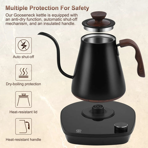 Gooseneck Electric Kettle With Smart Temperature Control, 0.9L Stainless Steel Interior, 1000W Fast Heat, Ideal For Pour Over Coffee And Tea, Boil Water Quick, Black with base and safety features