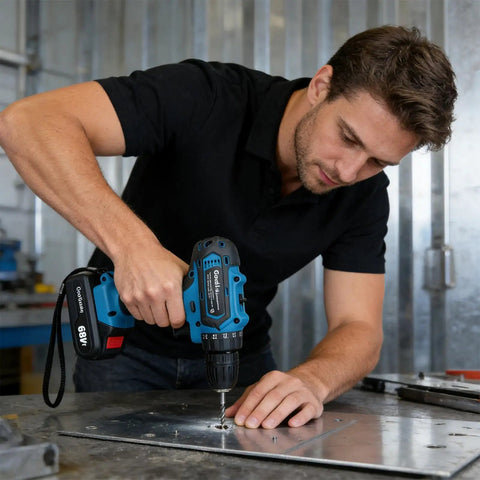 A man using The 21V Cordless Power Drill Kit Is A Solid Heavy Lifter Featuring Brushless Motor 2 Speed Settings For Hassle Free Metal And Concrete Jobs Powered By A Rechargeable Battery That Handles Everything on metal.