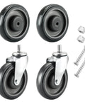 5 Inch Shopping Cart Caster Wheel Replacement Kit With Polyurethane Stepped And Full Tread Face Wheels And Hardware TPU Silent Supermarket Wheels High Density Carbon Steel Components Durable And Chemical Resistant 4 Pack Grey, shown with hardware.