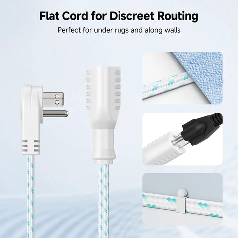 2 Pack Braided Low Profile Flat Power Cords 10 Foot Indoor Extension Cables 3 Prong Flat Plug Under Rug Power Extension