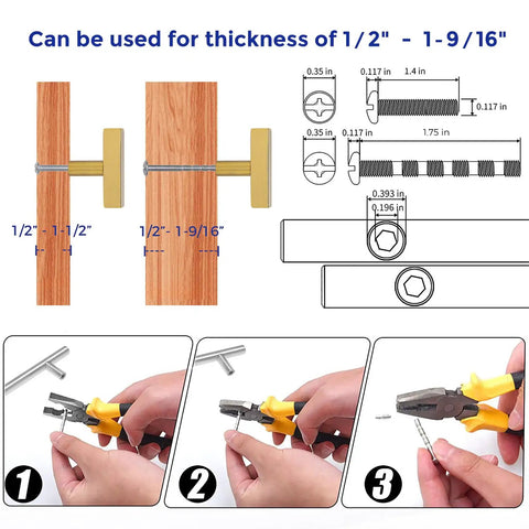 Installation guide showing dimensions of Premium Quality Top Shelf Square Cabinet Knobs And Drawer Pulls Gold Finish 2 Inch Hardware.