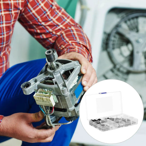 Mechanic holding motor next to an Internal Tooth Lock Washers Fasteners Kit 340pc Set with clear case and metal washers collection.