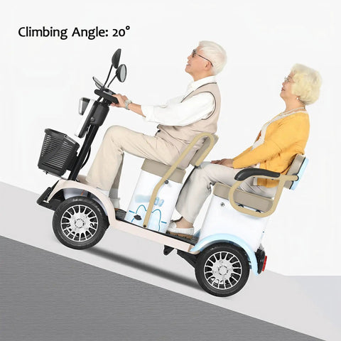 25 Mile Range 4 Wheel Mobility Scooter For Adults And Seniors climbing a 20° angle with passengers seated comfortably.