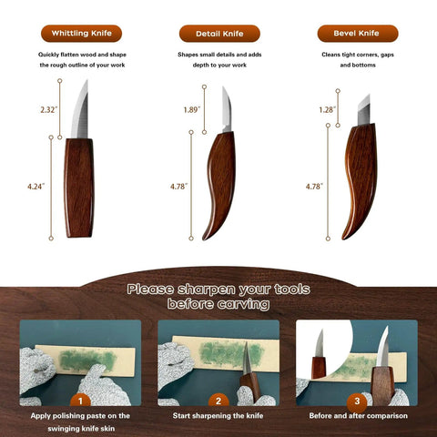 Starter Wood Carving Tool Set With Sharp Knives Practice Blocks Safety Gloves And Sharpener For DIY Carving Projects Including Apple Shaped Craft Designs And Easy Home Decor, showing whittling, detail, and bevel knives along with sharpening steps.