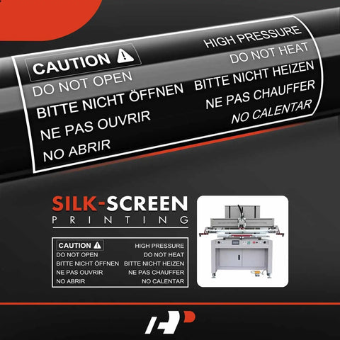 Caution warning label for high pressure, do not open or heat, silk-screen printing equipment instructions.
