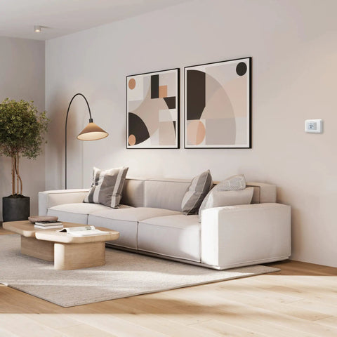 Living room with wall-mounted Renewed Non Programmable Thermostat With Simple Single Degree Control, precise temperature accuracy