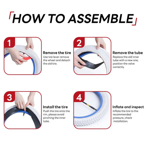Instructions for assembling Heavy Duty 24x2.1-2.4 Inner Tube With Schrader Valve For City Cruiser And Mountain Bikes.