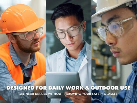Built Tough Z87 Plus Safety Reading Glasses With Heavy Duty Side Shields And UV400 Blockers Cold Brew worn by diverse users at work.