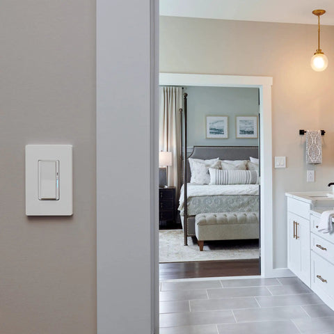 Diva Style Smart Dimmer Switch With No Neutral Required For Easy Glow Up On Any Circuit Syncs Flawlessly With Alexa Google And Siri Requires Smart Hub For Full Control Of Your Cozy Illumination Setup mounted on a wall in a modern bedroom setting.