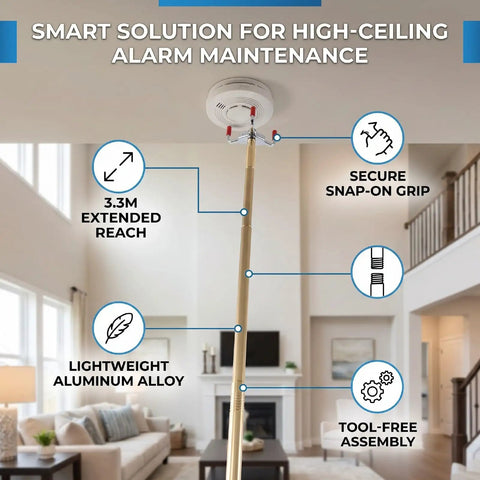 Heavy Duty Aluminum Telescoping Reach Pole For High Ceiling Smoke Detector Removal And Facility Maintenance With Knockout Grip Handles And Secure Locking Collars in a home setting, showing features.