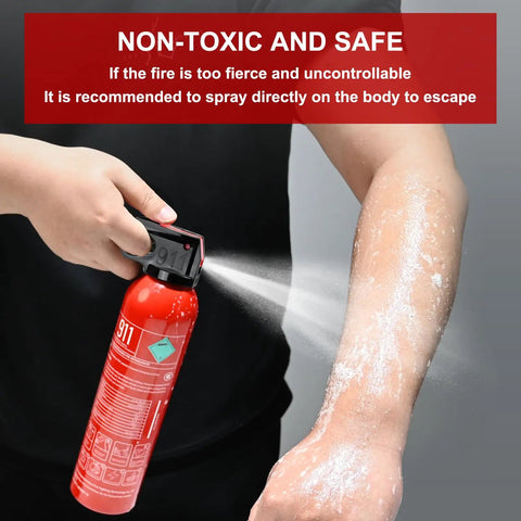 Person spraying Portable Mini Fire Extinguisher 2 Pack With Durable Wall Mount Bracket on arm for fire safety use.