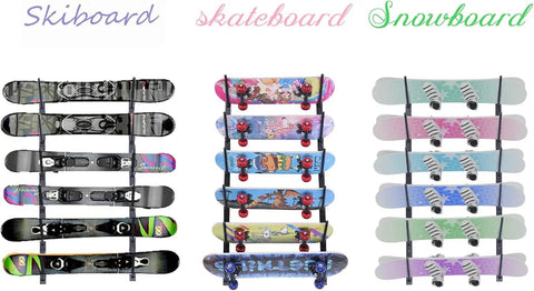 Heavy Duty Skateboard Wall Mount Rack For Your Rad Longboard And Snowboard Stash Solid Carbon Steel Hanger displaying multiple boards.