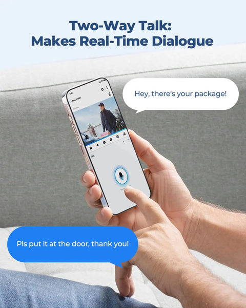 Man using phone app to engage with 4K PoE Security Camera System With Dual Outdoor Cameras 180 Degree Panoramic View and two-way audio.