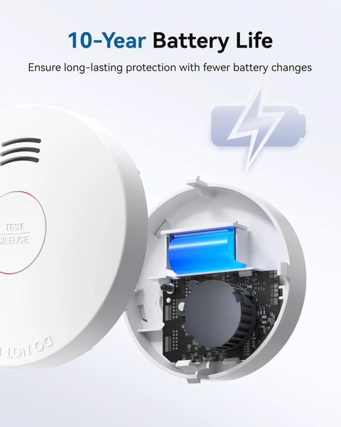 Inside view of Rugged 4 Pack Photoelectric Smoke Detectors With 10 Year Sealed Battery And Low Power Chirp UL217 Certified.
