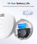Solid 10Year Sealed Lithium Battery Smoke Detector With Photoelectric Sensor UL217 Certified For NoNonsense Home Fire Safety And HeavyDuty Peace Of Mind In A 10Pack Bundle, showing internal battery and circuit.