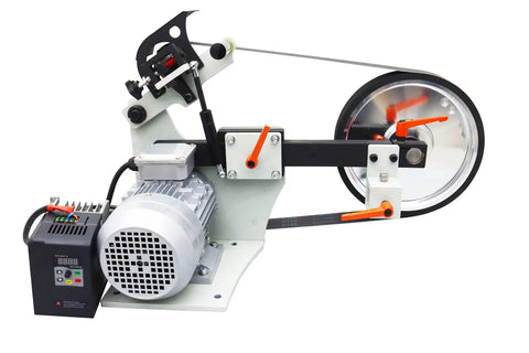 Professional Variable Speed Belt Sander And 72 Inch Belt Grinder Including Three Grinding Wheels For Knifemaking And Blade Sharpening 1500 Watt Hefty Legit Build, showing a detailed side view of the motor and belt mechanism.