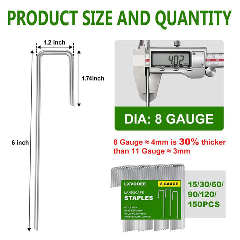 Diagram showing Beefy 8 Gauge Landscape Staples 6 Inch Heavy Duty Galvanized Steel Garden Stakes 15 Pack dimensions and gauge comparison