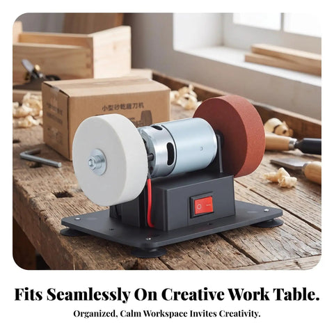 Rock Solid 150W Desktop Electric Grinding Machine Featuring Hella Strong Dual Spin Polisher on a wooden work table.