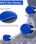 No Sweat Tire Patch Kit With Thirty Durable Rubber Patches showing three tire patch sizes, 32mm, 42mm, 58mm with protective backing.