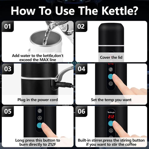 Instructions for operating Road Trip Ready Car Kettle With 12V/24V Power Portable Hot Water Boiler for travel and camping use