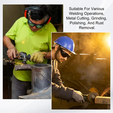 Professional Grade Straight Up Heavy Duty Welding Safety Glasses With Shade 3 Impact Resistant Polycarbonate Lenses Built Tough For Seamless Metalwork And All Day Shop Floor Grind, worn by workers in industrial settings.