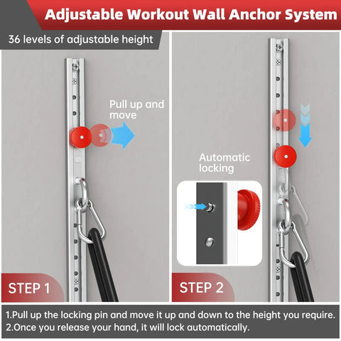 Adjustable Steel Resistance Band Wall Mount System With 40 Inch Vertical Glide And Heavy Duty Wall Anchor Kit for height adjustment steps.
