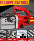 Powerful Electric Hydraulic Rebar Cutter With 1250W And 1700W Copper Coil Motor shown cutting steel rods against an application background