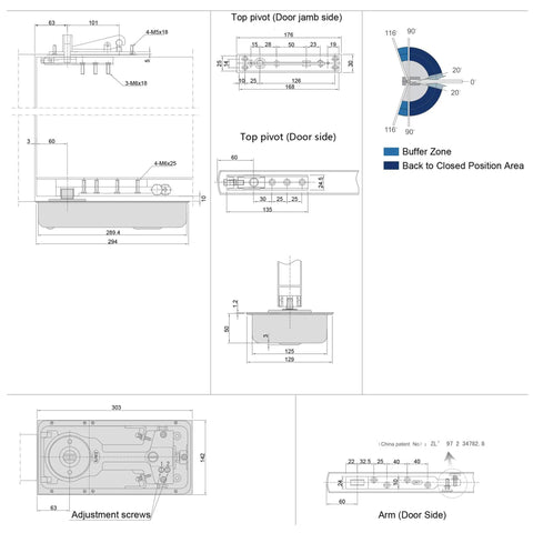 Technical drawing of a floor spring hinge for frame glass doors, showing dimensions and parts, supports up to 115 kg, 800-950 mm width.
