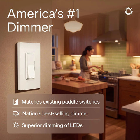 Buttery Smooth LED Dimmer Switch With Sleek Paddle Design For Single Pole And Three Way Installations on a wall in a cozy kitchen.