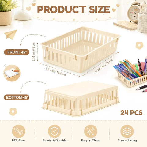 Slick And Solid Plastic Storage Baskets For Classroom Organizing And Teacher Desk Organization Premium Beige Containers showcasing dimensions and features.