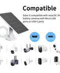5V 5W Solar Panel For Outdoor Security Camera Setup Keeping Your Rechargeable Battery Powered Up With Free Sunlight Vibes Features IP65 Waterproof Design USB C Port With Micro USB Adapter And 9 Foot 8 Inch Cord For Zero Hassle Continuous Power, showcasing compatibility with various camera types.