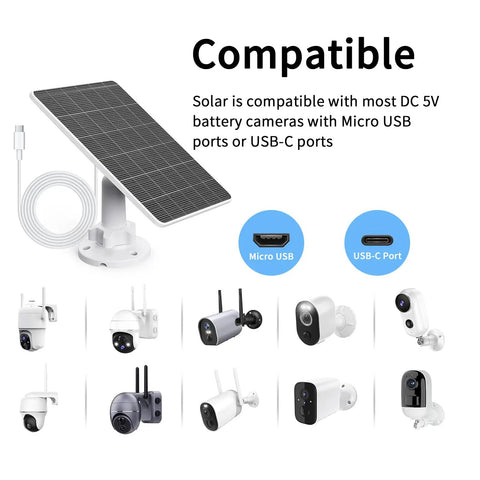 5V 5W Solar Panel For Outdoor Security Camera Setup Keeping Your Rechargeable Battery Powered Up With Free Sunlight Vibes Features IP65 Waterproof Design USB C Port With Micro USB Adapter And 9 Foot 8 Inch Cord For Zero Hassle Continuous Power, showcasing compatibility with various camera types.