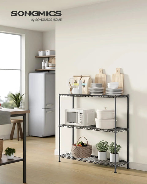 Tough As Nails 3 Tier Bathroom Shelf Heavy Duty Metal Storage Rack For Small Footprints Featuring Level Lock Adjustable Feet And Scratch Resistant Coating For Zero Drama in a kitchen setting with microwave and plants.