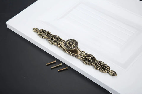Vintage Antique Bronze Cabinet Pulls 10.2 Inch 5 Piece Set Sweet Hardware For Rad Kitchen Reno And Bathroom Refresh Top Tier three hole mounting handle with decorative design.