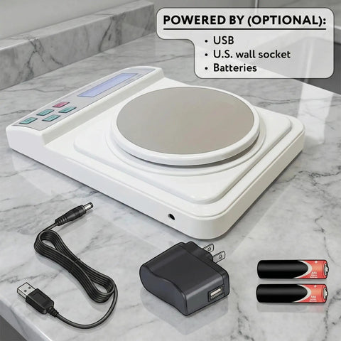 Digital Lab Scale With Zero Point Zero One Gram Precision For Education And Chemistry Labs shown with power options