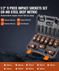 1/2-inch drive 9 piece deep metric impact socket set Cr-Mo steel with size markings in storage case, for auto repair.