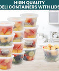 Straight Up Solid 16 Oz Deli Containers With Lids 48 Sets BPA Free Leakproof Soup Bowls stacked with colorful fruits inside.